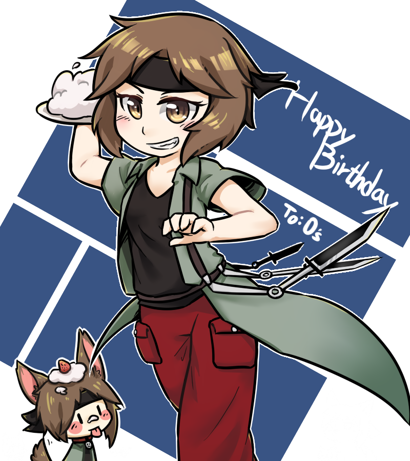 1other androgynous animal_costume animal_ears baggy_pants bare_arms belt birthday black_eyes black_headband black_shirt blue_background blush_stickers border brown_belt brown_eyes brown_hair chibi chinese_commentary coat collar collarbone collared_coat commentary_request dagger dog_ears dog_tail english_text eyelashes fang feet_out_of_frame floating_clothes food food_on_head fruit gift_art green_coat grin happy_birthday headband holding holding_plate icing kemonomimi_mode knife kurohebi len&#039;en light_blush multiple_views object_on_head open_clothes open_coat other_focus outline pants plate pocket red_collar red_pants rice shirt short_hair short_sleeves smile solid_oval_eyes strawberry tail tongue transparent_border v-neck weapon white_outline yuejiao_tuan