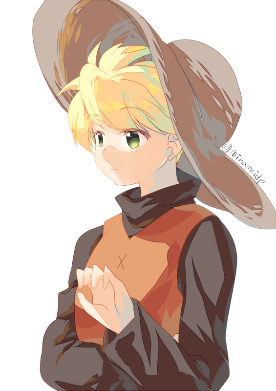 1girl blonde_hair female_focus green_eyes hat nintendo pokemon pokemon_adventures solo straw_hat tachiuo_(arines) turtleneck twitter_username upper_body yellow_(pokemon)
