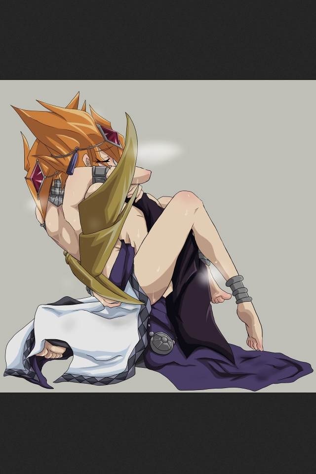 2boys anal ass barefoot blush closed_eyes clothed_sex derivative_work food fruit gem gold heavy_breathing hug jewelry legs lots_of_jewelry male_focus male_penetrated multiple_boys orange_(fruit) orange_eyes orange_hair purple_theme red_theme selfcest sex shingetsu_rei silver sweat vector_(yu-gi-oh!) vector_trace white_theme yaoi yu-gi-oh!