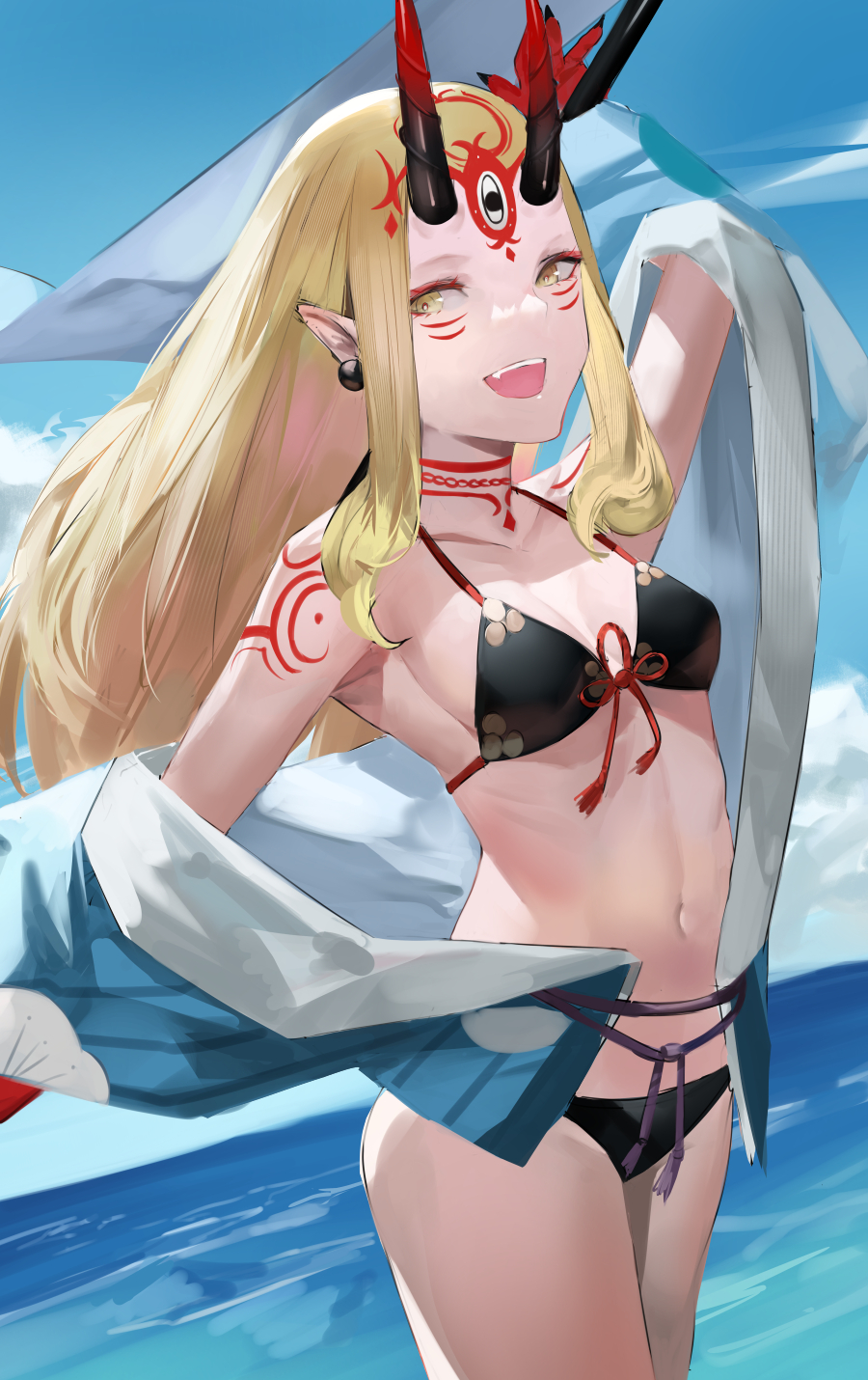 1girl bare_shoulders bikini black_bikini blazpu blonde_hair blue_kimono blue_sky breasts collarbone earrings facial_mark fate/grand_order fate_(series) forehead forehead_mark hair_pulled_back highres horns ibaraki_douji_(fate) ibaraki_douji_(fate/grand_order) ibaraki_douji_(swimsuit_lancer)_(fate) ibaraki_douji_(swimsuit_lancer)_(first_ascension)_(fate) japanese_clothes jewelry kimono lance long_hair looking_at_viewer navel oni oni_horns open_mouth pointy_ears polearm sky small_breasts smile solo swimsuit tattoo thighs weapon yellow_eyes