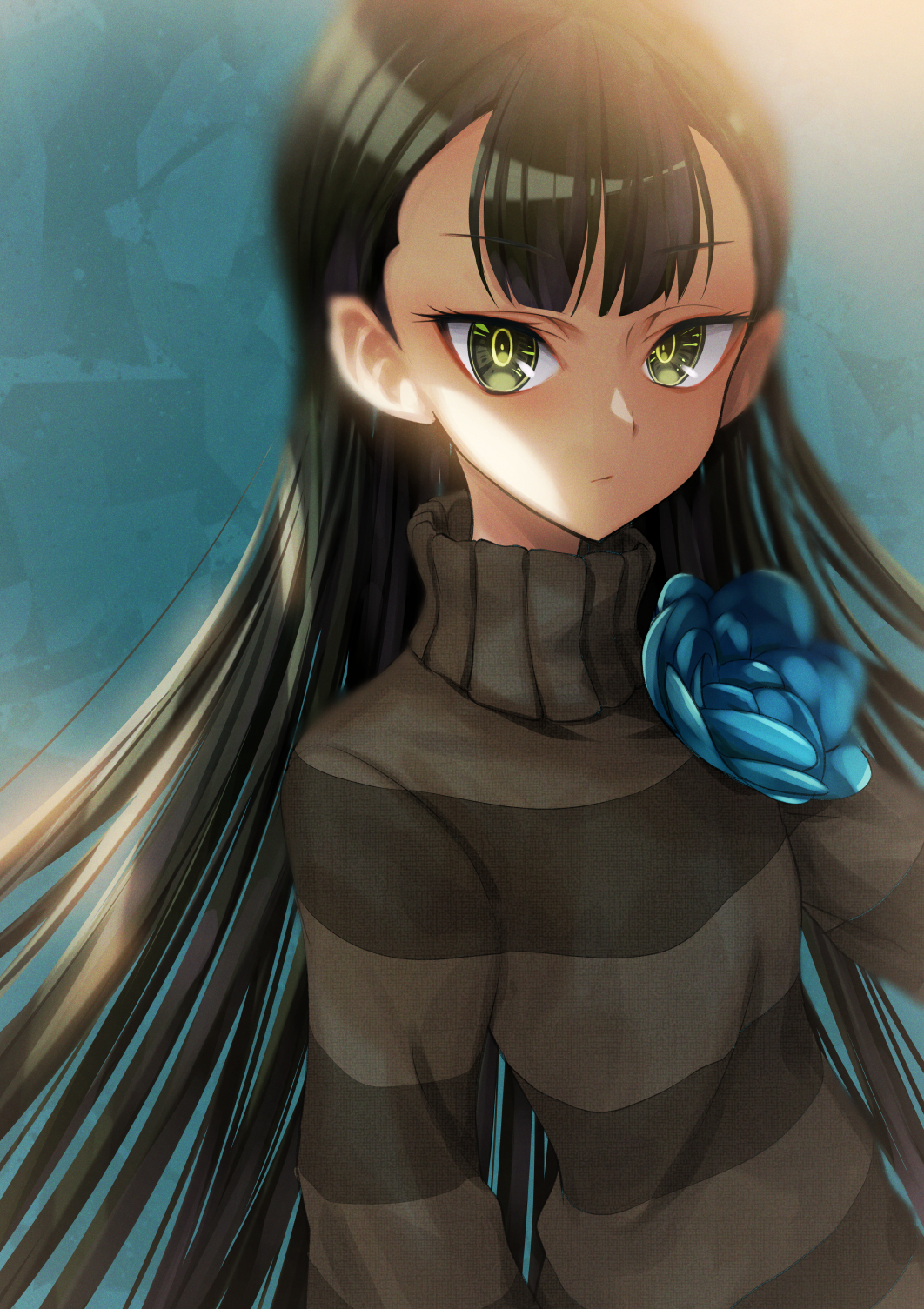 1girl black_hair cluseller female_focus green_eyes highres looking_at_viewer sasa_kazamori solo straight_hair striped_clothes striped_sweater sweater turtleneck turtleneck_sweater un-go