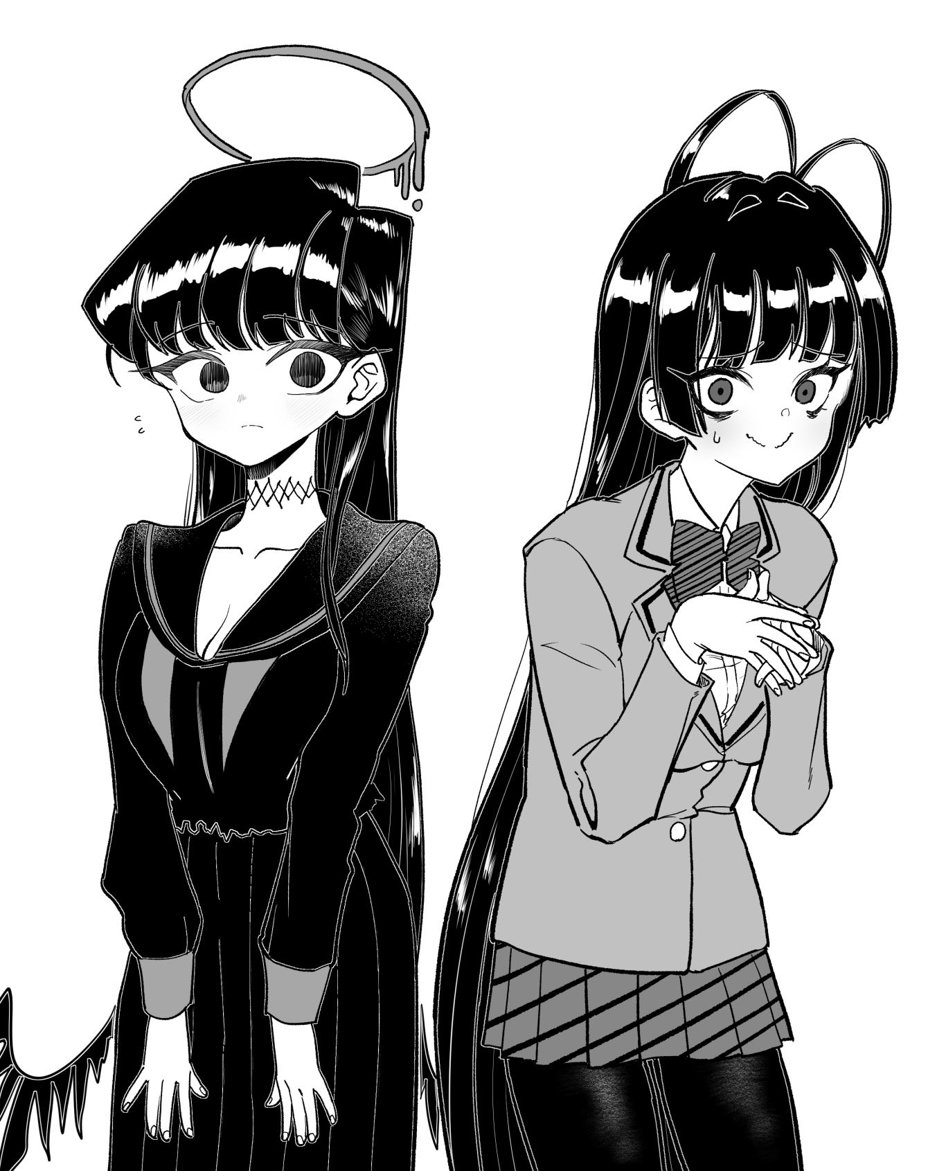 2girls antenna_hair blazer blue_archive bow bowtie breasts cleavage closed_mouth collarbone cosplay costume_switch diagonal-striped_clothes diagonal-striped_skirt flying_sweatdrops greyscale halo highres itan_private_high_school_uniform jacket komi-san_wa_komyushou_desu komi_shouko komi_shouko_(cosplay) large_breasts leng_wa_guo long_hair long_sleeves looking_at_viewer low_wings monochrome multiple_girls pantyhose pleated_skirt school_uniform skirt striped_clothes striped_skirt sweatdrop tsurugi_(blue_archive) tsurugi_(blue_archive)_(cosplay) very_long_hair wings