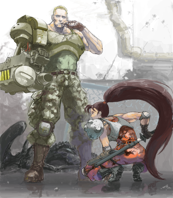 1990s_(style) 1boy 1girl alien_(1979) alien_(series) alien_vs._predator aliens_(1986) arm_cannon armor arnold_schwarzenegger boots brown_hair bullet_hole camouflage cannon capcom cigar cyborg dutch_schaefer elbow_pads fingerless_gloves gloves gun handgun katana linn_kurosawa long_hair mechanical_arms military military_uniform muscular pistol ponytail predator_(series) realistic retro_artstyle ruins science_fiction sheath sheathed shoulder_pads single_mechanical_arm space_marine squatting sword very_long_hair weapon xenomorph ymr