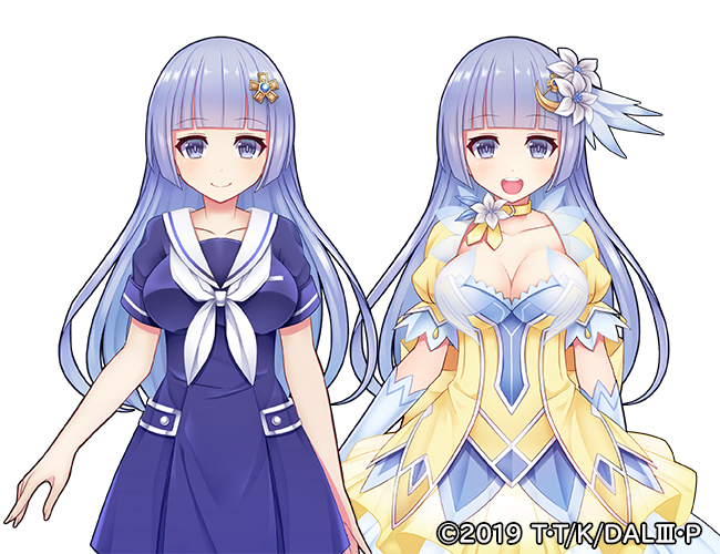 1girl blue_eyes blue_hair blunt_bangs breasts crescent crescent_hair_ornament date_a_live dress edamame_senpai hair_ornament izayoi_miku large_breasts long_hair looking_at_viewer official_art open_mouth sailor_collar short_sleeves smile upper_body vivid_army white_background yellow_dress
