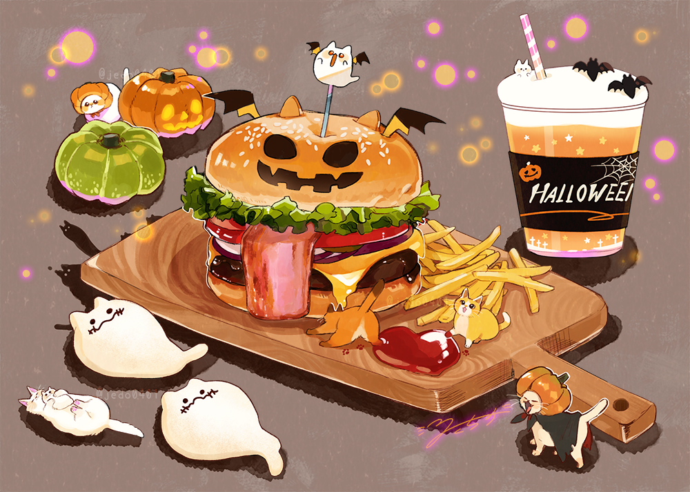 animal burger cat cheese cup disposable_cup drink drinking_straw food food_focus french_fries hakuchizu halloween jack-o&#039;-lantern ketchup lettuce meat no_humans original pumpkin tomato tomato_slice