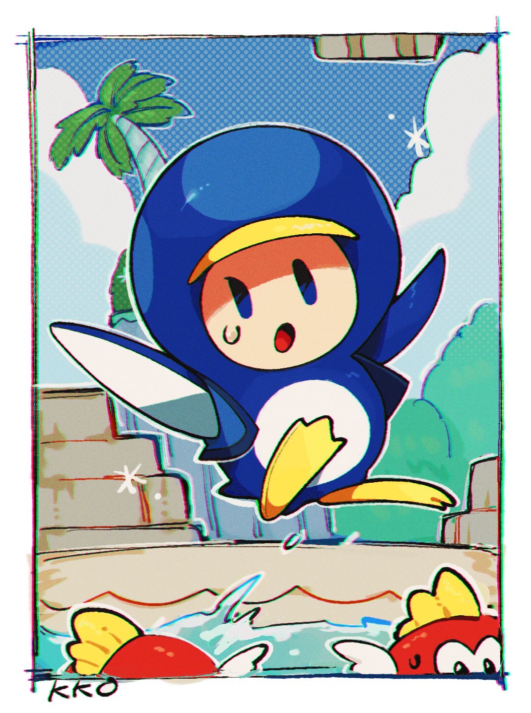 :o animal_costume artist_name blue_bodysuit blue_eyes blue_sky blue_toad_(mario) blue_vest bodysuit border cheep_cheep cloud day flippers full_body highres jumping kakao_(kakao_san9) mario_(series) nintendo no_humans ocean open_clothes open_mouth open_vest outdoors outline outstretched_arms palm_tree penguin_blue_toad penguin_costume sky solid_oval_eyes solo sparkle splashing sweatdrop toad_(mario) tree vest white_border white_outline