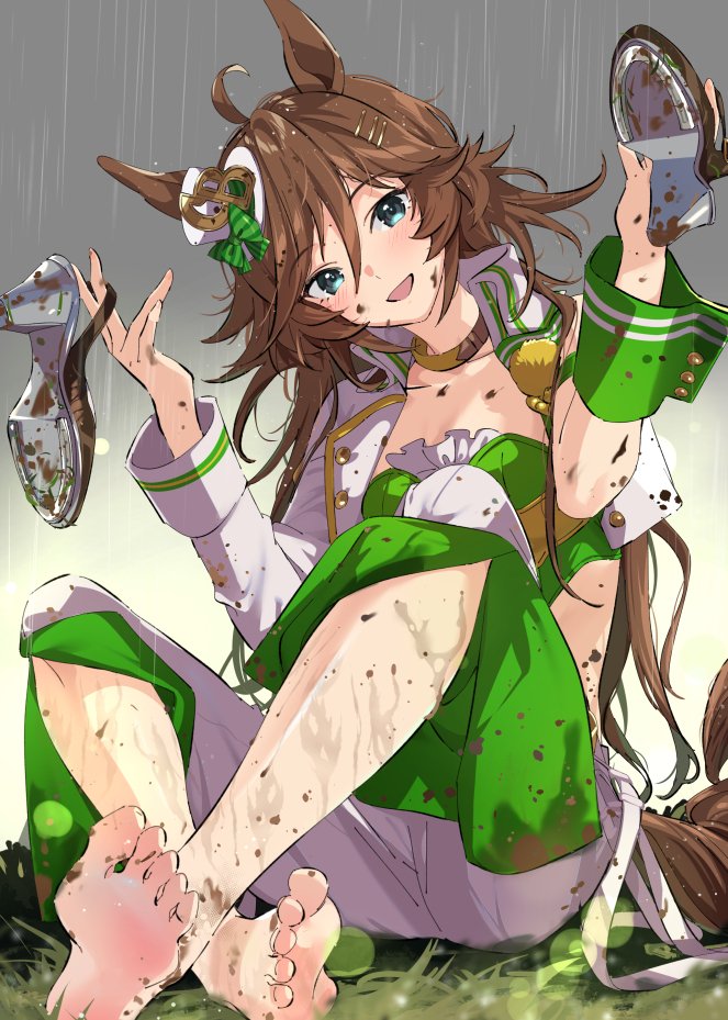 1girl ahoge animal_ears bandeau barefoot blue_eyes breasts brown_hair choker commentary_request crop_top cropped_jacket crossed_legs dirty dirty_clothes dirty_face dirty_feet dirty_hands feet full_body grass green_bandeau green_shirt grey_sky hair_between_eyes hair_ornament hairclip hands_up hat head_tilt high_heels holding holding_shoes horse_ears horse_girl horse_tail indian_style jacket long_hair looking_at_viewer mini_hat mini_top_hat mr._c.b._(umamusume) mud on_grass on_ground open_clothes open_jacket open_mouth outdoors pants rain shirt shoes single_sleeve single_wrist_cuff sitting sky small_breasts smile soles solo tail taromarun toes top_hat umamusume white_hat white_jacket white_pants wrist_cuffs