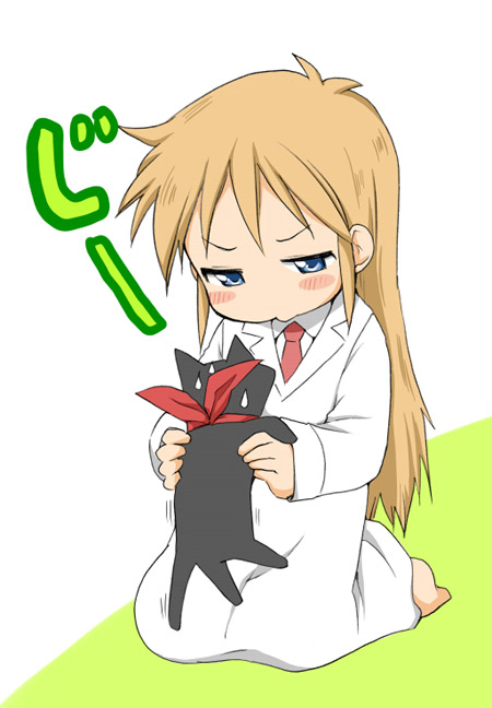 blue_eyes blush_stickers cat child kneeling lab_coat long_hair neckerchief necktie nichijou pout professor_shinonome sakamoto_(nichijou) simple_background sweatdrop ubizo