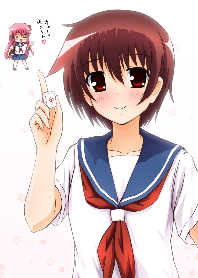 2girls blush board_game brown_eyes brown_hair chibi diesel-turbo etopen haramura_nodoka heart holding holding_mahjong_tile long_hair looking_at_viewer mahjong mahjong_tile miniskirt miyanaga_saki multiple_girls neckerchief pink_hair pleated_skirt red_neckerchief saki_(manga) school_uniform serafuku short_hair skirt smile stuffed_animal stuffed_toy twintails white_background
