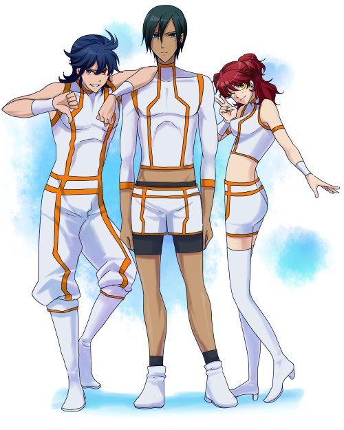 00s 1girl 2boys brother_and_sister brothers freckles gloves gundam gundam_00 johann_trinity kamosuke legs lips michael_trinity midriff multiple_boys nena_trinity one_eye_closed red_hair shorts siblings thighhighs v wink yellow_eyes zettai_ryouiki