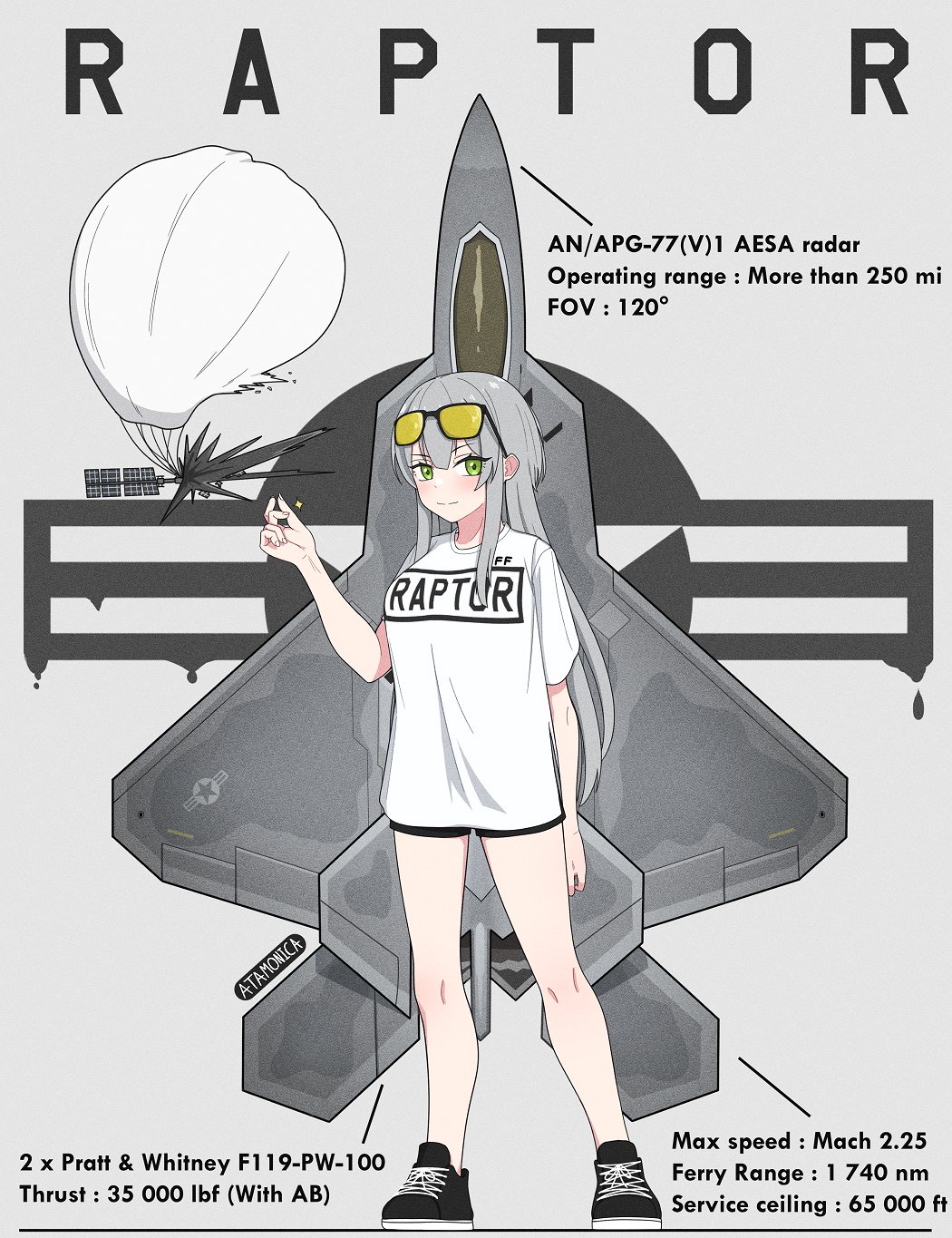 1girl aircraft airplane artist_name atamonica balloon black_shoes black_shorts blush commentary english_commentary english_text eyewear_on_head f-22_raptor fighter_jet full_body green_eyes grey_background grey_hair highres long_hair looking_at_viewer military military_vehicle original shirt shoes short_sleeves shorts simple_background sneakers solo standing sunglasses t-shirt white_shirt