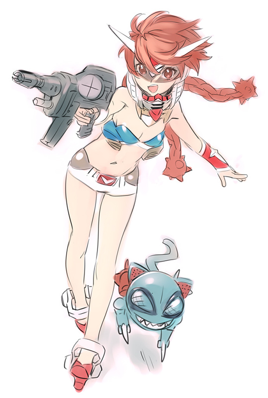 beam_rifle bra braid brown_eyes brown_hair cat energy_gun gun gundam legs lingerie mecha_musume midriff mobile_suit_gundam nishieda personification rx-78-2_gundam shorts simple_background twin_braids twintails underwear weapon zakrello