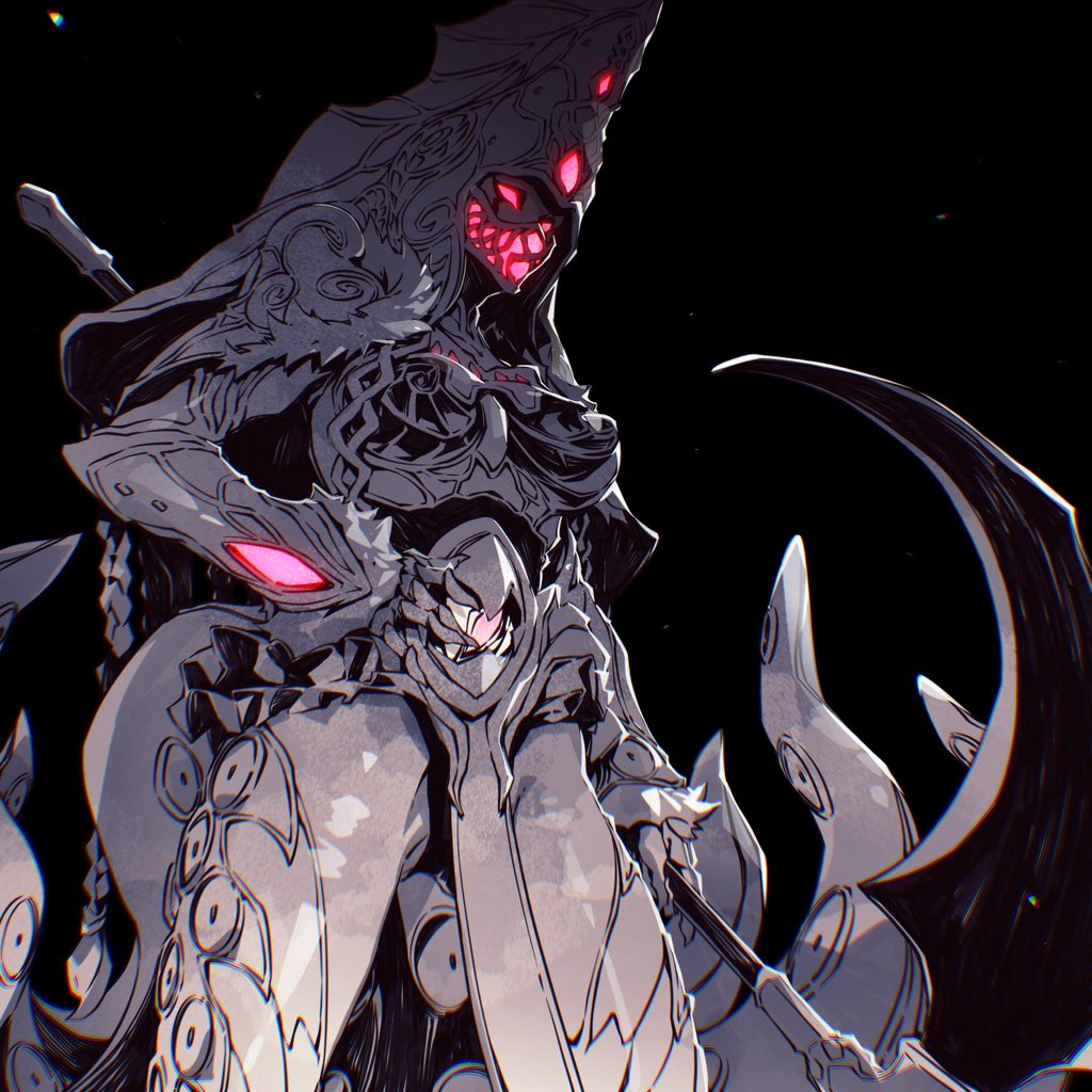 1girl black_background breasts colored_skin commentary cowboy_shot from_below glowing glowing_eyes glowing_mask grey_skin grotta holding holding_scythe kamen_rider kamen_rider_gavv_(series) large_breasts linnnoj monster_girl no_pupils pink_eyes scythe solo squid_girl stomach_mouth tentacles tokusatsu