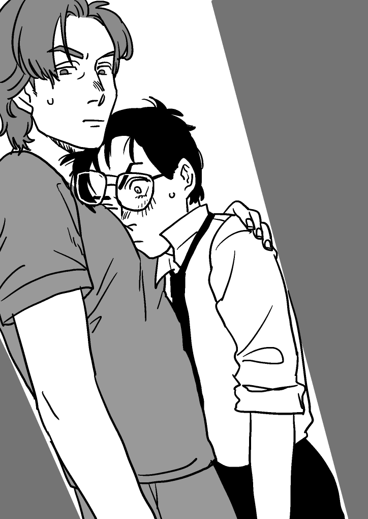2boys black_necktie black_pants blush closed_eyes dan_cain glasses greyscale hand_on_another&#039;s_shoulder herbert_west male_focus medical_scrubs monochrome multiple_boys muuure necktie pants re-animator shirt short_hair short_sleeves stuck_in_a_box white_shirt yaoi