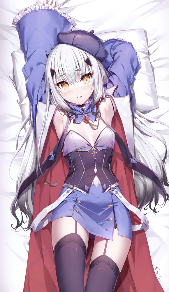 1girl armpits black_hair breasts brooch choker dakimakura_(medium) dress fate/grand_order fate_(series) forked_eyebrows gabiran garter_belt gradient_hair hair_ornament hat jewelry long_hair looking_at_viewer melusine_(fate) multicolored_hair sidelocks small_breasts solo suspenders thighhighs vest white_hair yellow_eyes