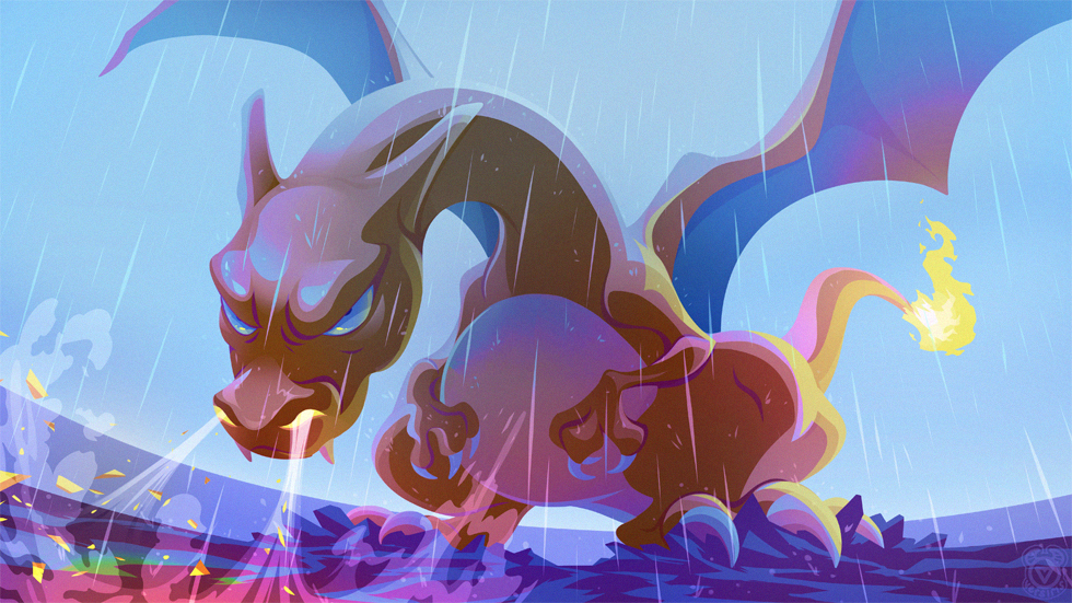 animal_focus artist_logo blue_eyes charizard claws fangs fire flame-tipped_tail gen_1_pokemon logo nintendo no_humans outdoors pokemon pokemon_(creature) rain smoke_from_nose solo steam_from_nose tail versiris