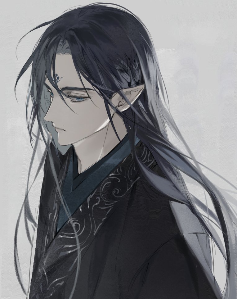 1boy black_hair black_hanfu blue_eyes chhiii_o_o chinese_clothes closed_mouth grey_background hanfu long_hair looking_at_viewer male_focus mobei_jun pointy_ears renzha_fanpai_zijiu_xitong solo upper_body zuiyin
