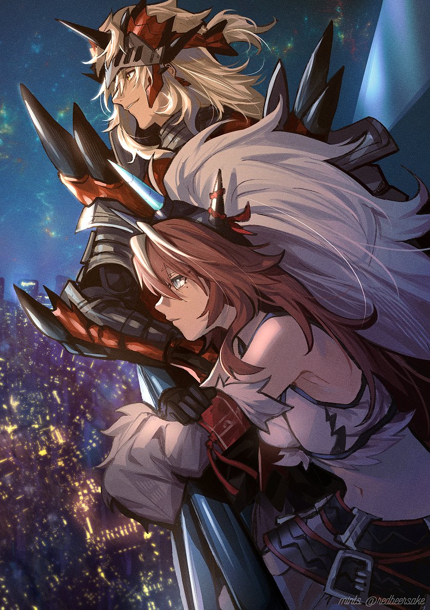 1boy 1girl against_railing arknights arm_warmers armband armor artist_name balcony bare_shoulders belt black_belt black_gloves blonde_hair brown_hair city_lights closed_mouth commentary_request crop_top crossover detached_sleeves fake_horns fur_trim gloves grey_eyes horn_ornament horns kirin_(armor) kirin_r_yato_(arknights) long_hair mane medium_hair mole mole_under_eye monster_hunter_(series) navel night night_sky noir_corne_(arknights) oni_horns ponytail railing rathalos_(armor) rathalos_s_noir_corne_(arknights) red_armor redricewine shirt short_ponytail single_horn sky smile stomach visor_(armor) visor_lift white_shirt yato_(arknights) yellow_eyes
