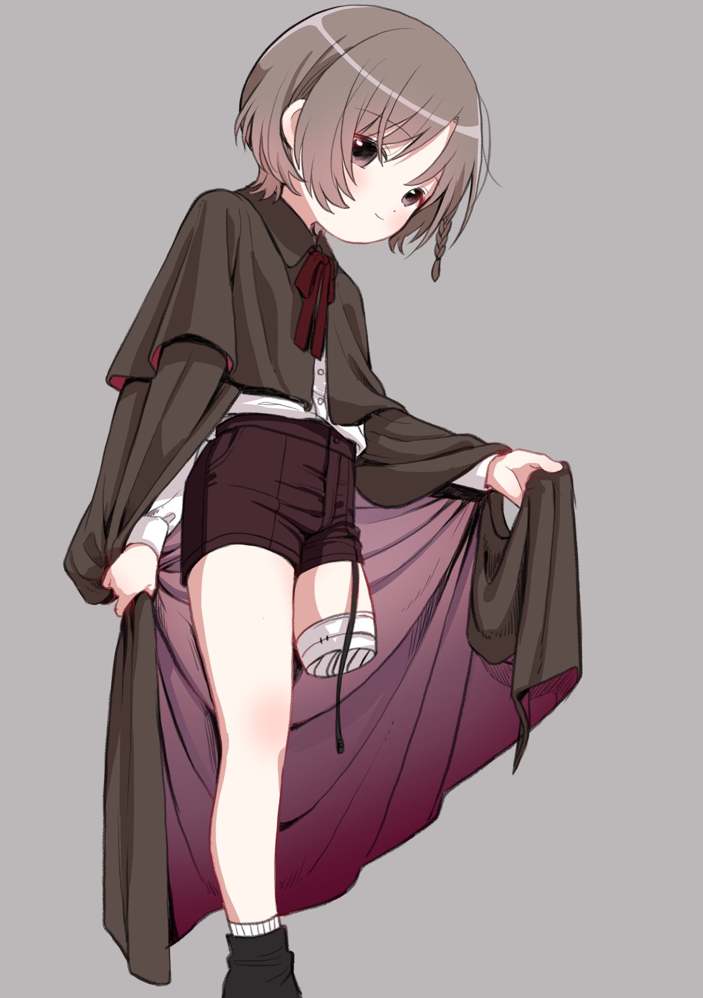 1boy amputee bandages black_cape braid cape capelet child grey_background high-waist_shorts highres male_focus original piko_(pixiv) shorts side_braid simple_background solo standing trap