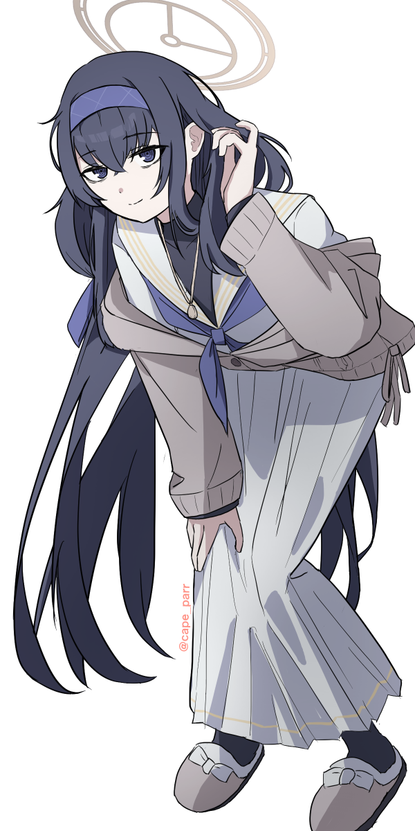 1girl bending black_hair black_shirt blue_archive blue_eyes hairband halo highres jacket jewelry long_hair long_skirt looking_at_viewer necklace pantyhose sailor_collar sailor_shirt shirt skirt slippers smile ui_(blue_archive) very_long_hair white_background