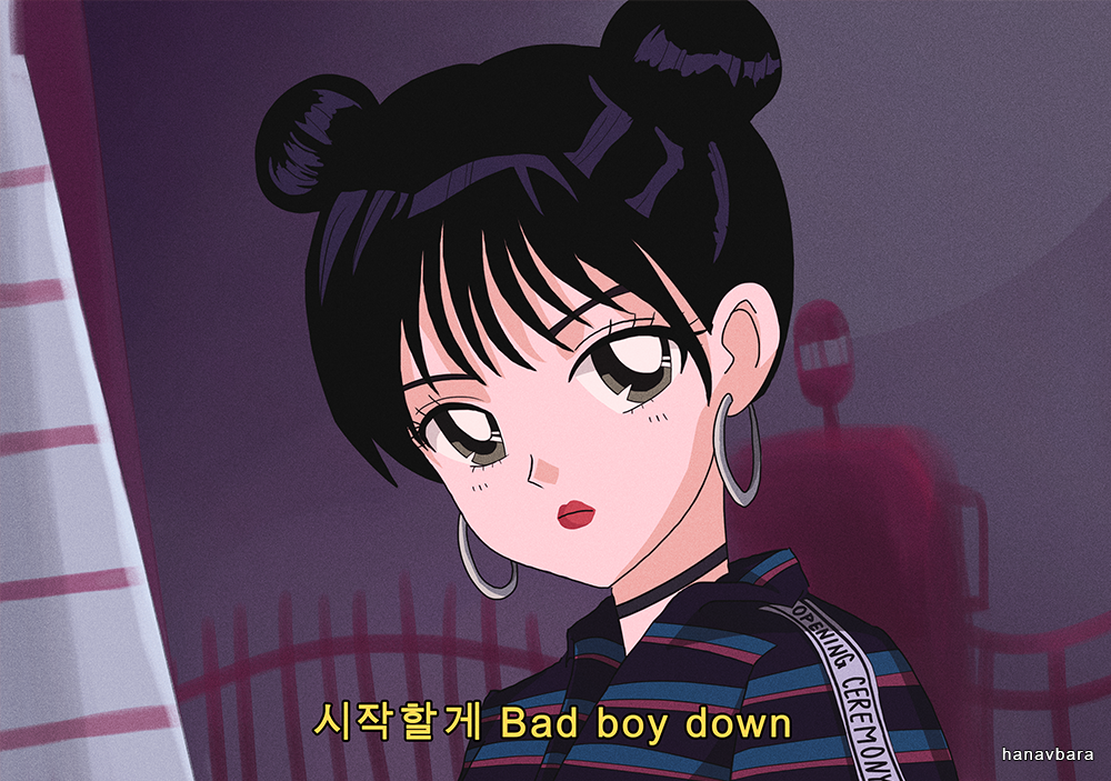 1girl artist_name black_choker black_eyes black_hair choker closed_mouth commentary double_bun earrings english_commentary hair_bun hanavbara hoop_earrings irene_(red_velvet) jewelry k-pop looking_at_viewer lyrics real_life red_lips red_velvet_(group) solo upper_body