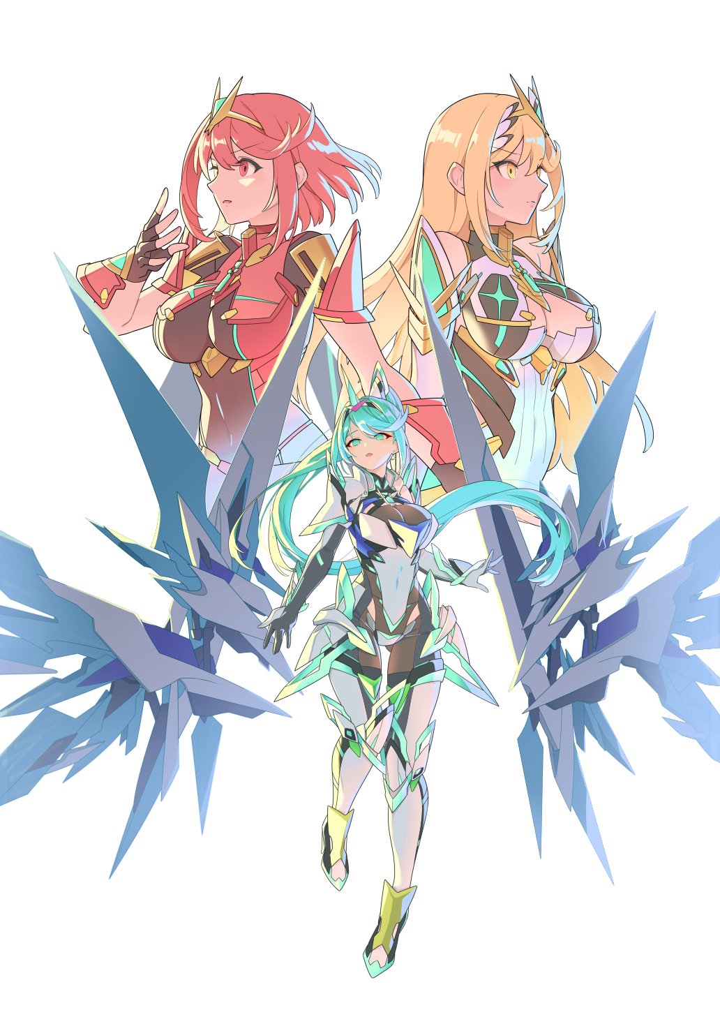 3girls armor armored_bodysuit bare_shoulders blonde_hair bob_cut boots breasts chest_jewel cleavage cleavage_cutout clothing_cutout core_crystal_(xenoblade) covered_navel dress elbow_gloves fingerless_gloves gloves green_eyes green_hair headpiece hehe_jun highres large_breasts long_hair multiple_girls multiple_persona mythra_(xenoblade) pneuma_(xenoblade) ponytail pyra_(xenoblade) red_eyes red_hair short_hair thigh_boots tiara very_long_hair xenoblade_chronicles_(series) xenoblade_chronicles_2 yellow_eyes