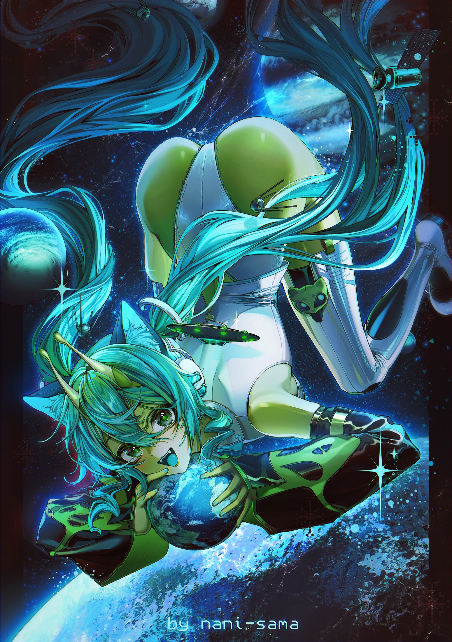 1girl :d alien alienposting_(meme) animal_ears antennae aqua_hair artist_name ass black_sleeves blue_tongue cat_ears colored_skin colored_tongue commentary detached_sleeves english_commentary fangs floating giant giantess glorpi_miku_(dyarikku) green_eyes green_skin green_sleeves hatsune_miku highres holding_planet leotard leotard_under_clothes long_hair looking_at_viewer meme naniwoou open_mouth outdoors pillarboxed planet shirt size_difference sleeveless sleeveless_shirt smile space teeth thighhighs tongue top-down_bottom-up twintails two-tone_sleeves ufo upper_teeth_only vocaloid white_leotard white_thighhighs