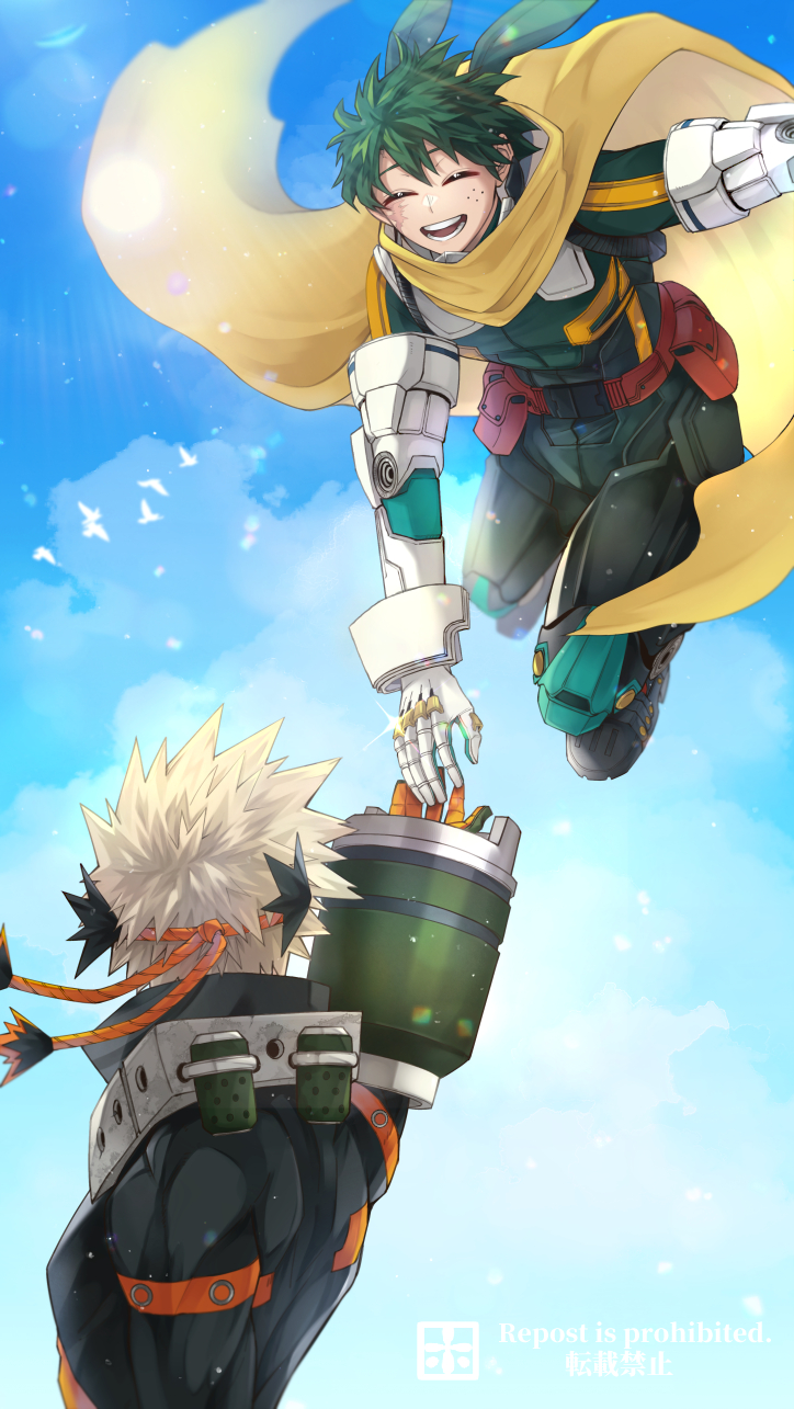 2boys :d ^_^ arm_up bakugou_katsuki belt belt_pouch black_shirt black_shoes blonde_hair blue_sky bodysuit boku_no_hero_academia cape closed_eyes cloud commentary_request day flock flying freckles gauntlets gloves green_bodysuit green_gloves green_hair highres ho_(dotto615) lens_flare light_particles light_rays long_sleeves looking_at_another looking_to_the_side male_focus midoriya_izuku multiple_boys open_mouth outdoors pouch red_belt red_gloves scar scar_on_face shirt shoes short_hair sky smile spiked_hair sunlight superhero_costume teeth two-tone_gloves watermark white_gloves yellow_cape
