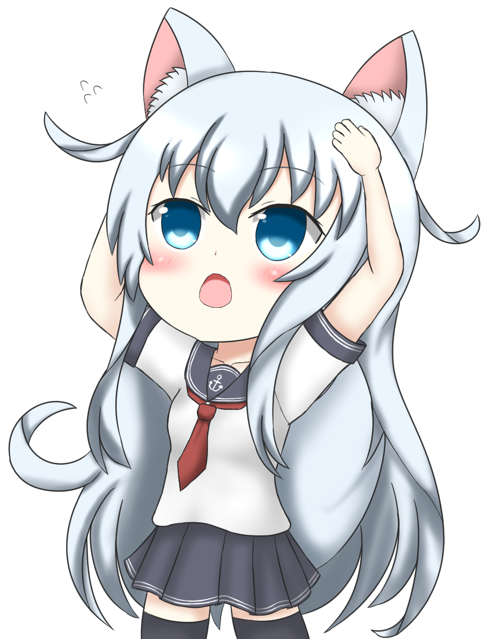 10s 1girl anchor_hair_ornament animal_ears arms_up black_thighhighs blue_eyes commentary_request etowaaru female_focus hair_ornament hands_on_own_head hibiki_(kancolle) highres kantai_collection kemonomimi_mode long_hair miniskirt neckerchief open_mouth pleated_skirt school_uniform serafuku short_sleeves silver_hair simple_background skirt solo thighhighs very_long_hair white_background