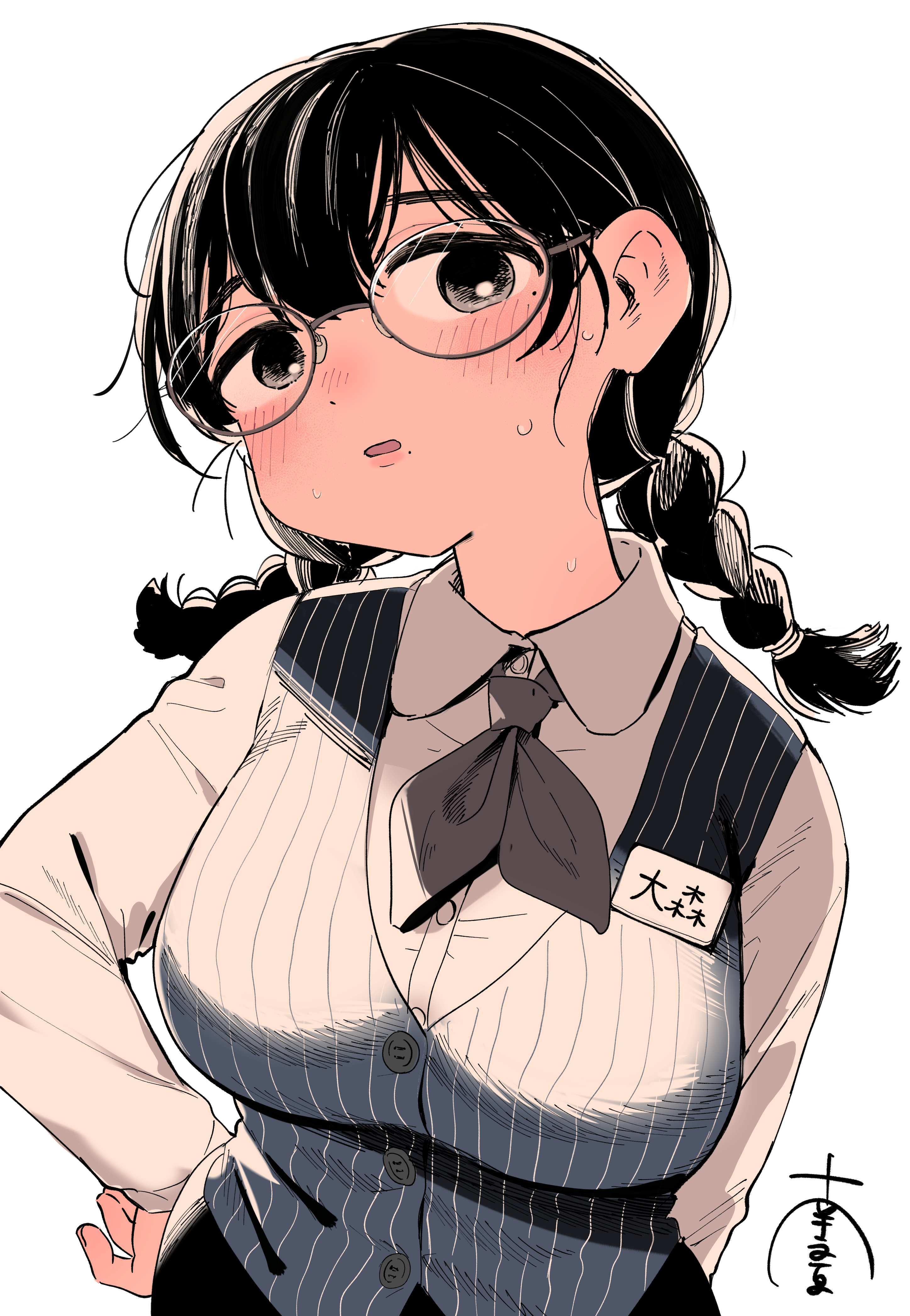 1girl absurdres black_eyes black_hair blush braid breasts collared_shirt commentary highres looking_at_viewer miyama_(kannsannn) mole mole_under_eye mole_under_mouth name_tag open_mouth original shirt signature solo sweat white_shirt
