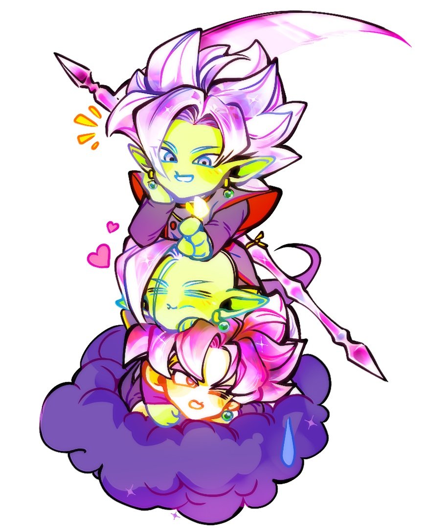 3boys annoyed bad_id bad_twitter_id black_bodysuit black_pants bodysuit bug butterfly butterfly_on_hand chibi closed_eyes closed_mouth colored_skin dark_nimbus dogpile dragon_ball dragon_ball_super earrings flying_nimbus fused_zamasu goku_black green_skin grey_eyes grin happy heart insect jewelry long_sleeves looking_at_object looking_to_the_side mohawk multiple_boys open_mouth pants pink_eyes pink_hair pointy_ears potara_earrings red_sash saiyan sash scythe sffuju short_hair smile spiked_hair stacked super_saiyan super_saiyan_rose sweatdrop white_hair zamasu