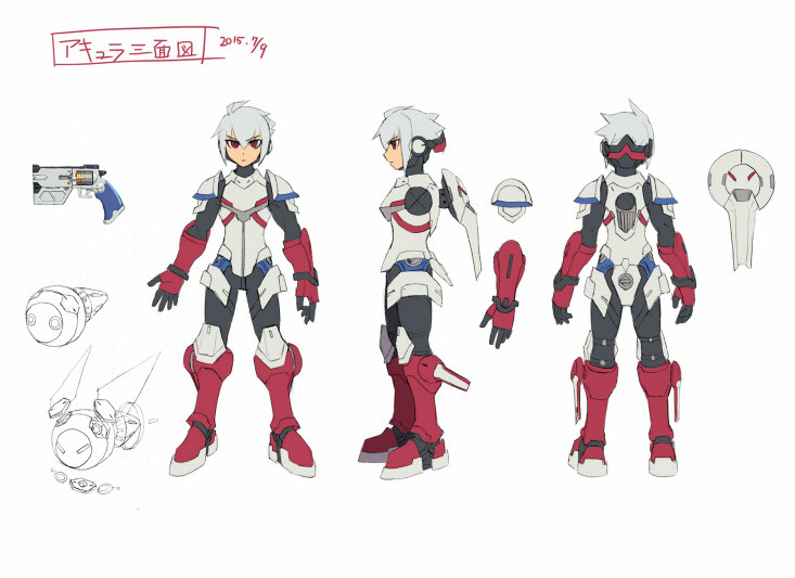armor azure_striker_gunvolt azure_striker_gunvolt_2 commentary_request concept_art full_body gun official_art red_eyes reference_sheet roro_(combat_pod)_(gunvolt) short_hair simple_background translation_request weapon white_armor white_background white_hair