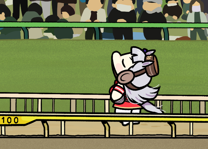 1girl animal_ears armband blunt_bangs blunt_ends brown_hat chibi commentary dress facing_up gold_ship_(umamusume) grey_hair hat headgear horse_ears horse_girl horse_racing_track horse_tail jazz_jack long_hair loose_hair_strand photo-referenced pillbox_hat red_armband red_dress tail umamusume very_long_hair