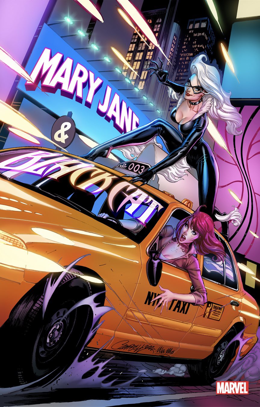 2girls artist_collaboration black_bodysuit black_cat_(marvel) black_choker black_mask bodysuit breasts building car choker city cleavage domino_mask english_text felicia_hardy ford ford_crown_victoria ford_crown_victoria_(2nd_generation) highres j._scott_campbell large_breasts logo long_hair marvel mary_jane_watson mask motor_vehicle multiple_girls on_car on_vehicle open_mouth outdoors red_hair skyscraper spider-man_(series) squatting standing taxi ula_mos white_hair yellow_car