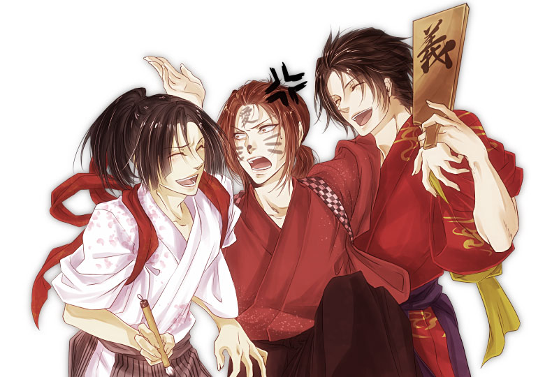 anger_vein black_hair brown_hair calligraphy_brush drawing_on_another&#039;s_face hakama ishida_mitsnari japanese_clothes kimono male_focus naoe_kanetsugu paintbrush ponytail sanada_yukimura_(sengoku_musou) sengoku_musou smile