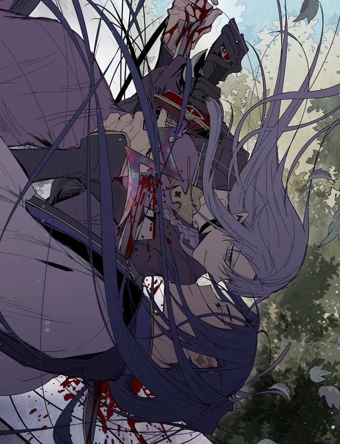 1boy 1girl asamiyajy black_gloves blood blood_on_hands blue_eyes blue_hair collarbone dagger dress dying falling fate/stay_night fate_(series) floating_hair gloves hair_between_eyes half-closed_eyes hands_up holding holding_dagger holding_knife holding_sword holding_weapon impaled japanese_clothes knife leaf light_purple_hair light_smile long_hair medea_(caster)_(fate) medea_(fate) monohoshizao parted_lips pointy_ears ponytail profile purple_dress purple_ribbon ribbon rulebreaker sasaki_kojirou_(fate) stab sword tears upper_body very_long_hair weapon