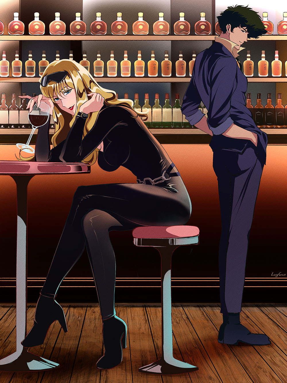 alcohol blonde_hair blue_eyes boots brown_eyes catsuit couple cowboy_bebop curly_hair green_hair highres julia_(cowboy_bebop) leather lucyguusi spike_spiegel sunglasses
