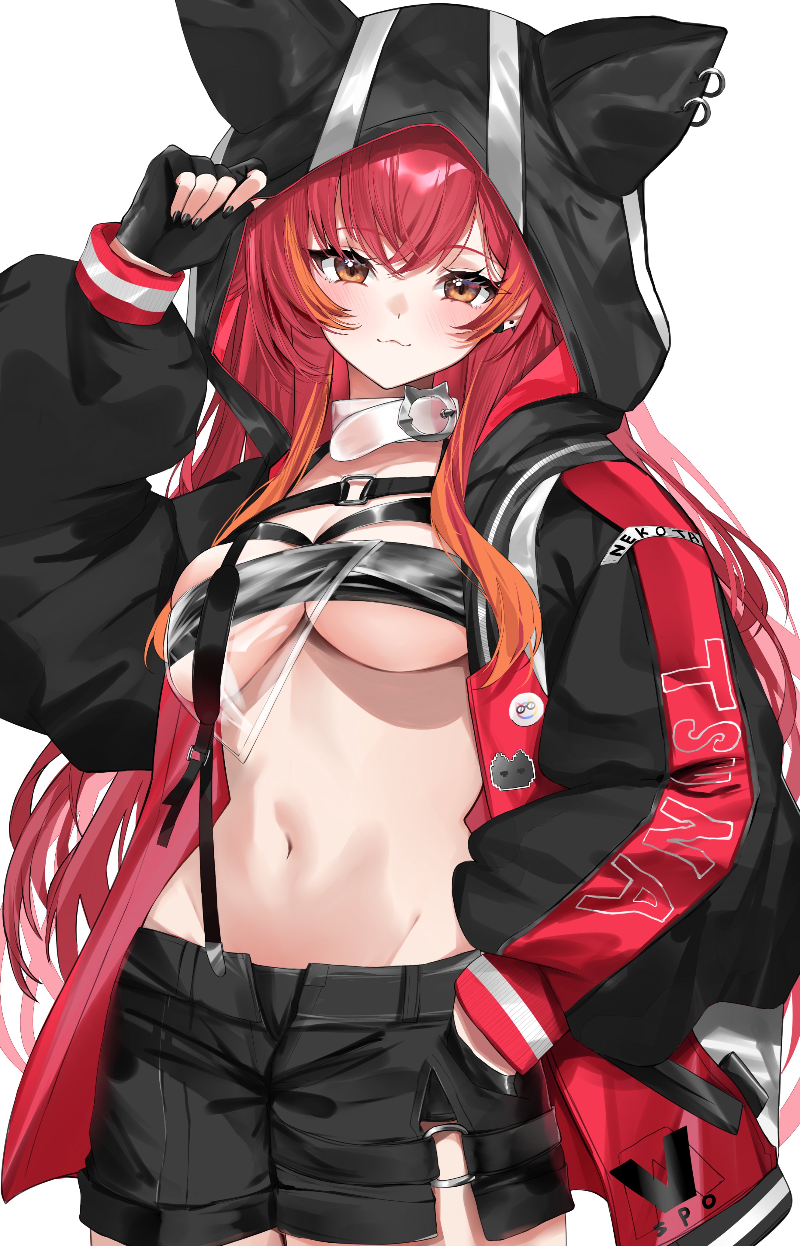 1girl :3 absurdres alternate_costume animal_ear_hood black_gloves black_jacket black_nails black_shorts black_tube_top blush breasts closed_mouth clothes_writing cowboy_shot fake_animal_ears fingerless_gloves fingernails gloves hand_in_pocket hashtag-only_commentary highres hood hood_up hooded_jacket jacket large_breasts long_hair long_sleeves looking_at_viewer nail_polish navel nekota_tsuna nemun_(tamizzz) open_clothes open_jacket puffy_long_sleeves puffy_sleeves red_eyes red_hair shorts simple_background solo stomach strapless tube_top underboob virtual_youtuber vspo! white_background