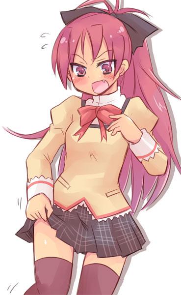 10s 1girl alternate_costume altorealize angry blush clothes_lift embarrassed fang female_focus long_hair mahou_shoujo_madoka_magica mahou_shoujo_madoka_magica_(anime) open_mouth pink_eyes pink_hair ponytail sakura_kyoko school_uniform simple_background skirt skirt_lift solo thighhighs zettai_ryouiki