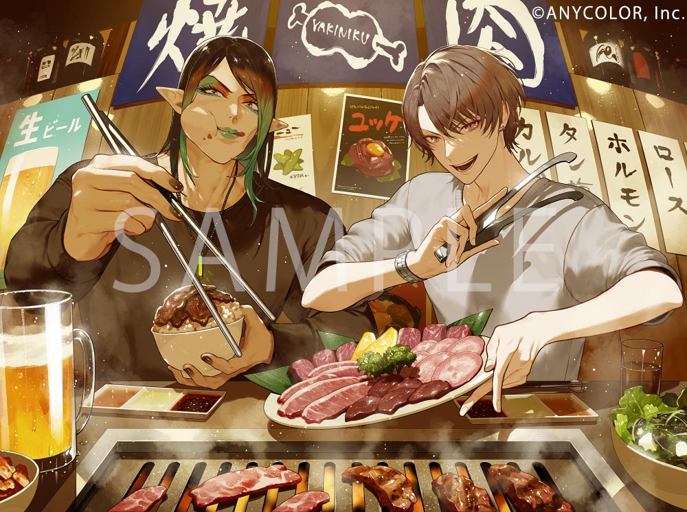 2boys :d alcohol beer beer_mug black_hair black_nails black_shirt blue_eyeshadow bottle bowl broccoli brown_eyes brown_hair chopstick_rest chopsticks closed_mouth commentary_request company_name copyright_notice counter cup earrings eating eyelashes eyeshadow fingernails food food_on_face food_request gradient_hair green_hair green_lips grey_shirt hair_between_eyes hanabatake_chaika holding holding_bowl holding_chopsticks holding_tongs indoors jewelry kagami_hayato lettuce light_particles lipstick long_hair long_sleeves looking_at_viewer makeup male_focus meat mug multicolored_eyeshadow multicolored_hair multiple_boys nail_polish necklace nijisanji noren official_art open_mouth parted_bangs pointy_ears poster_(object) red_eyeshadow restaurant rice rice_bowl salad sample_watermark semi_(p-poco) shirt short_hair short_sleeves sidelocks smile steam swept_bangs teeth tongs tray upper_body v-shaped_eyebrows virtual_youtuber watch water watermark wristwatch yellow_eyes
