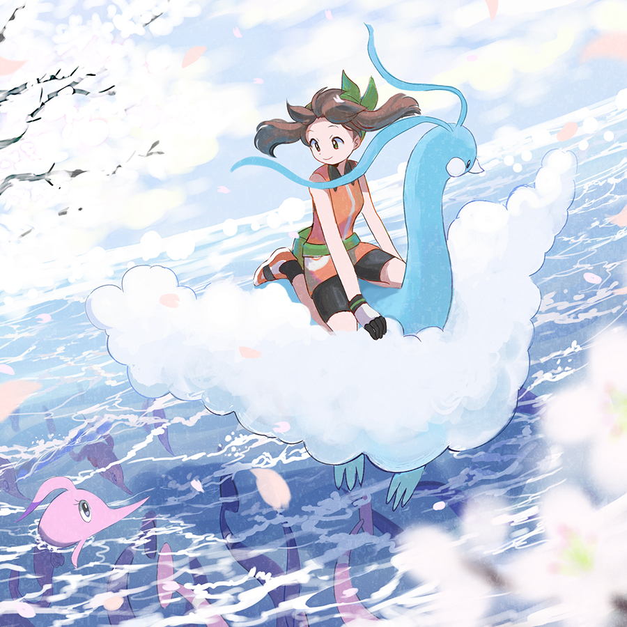 1girl altaria bag bandana bike_shorts brown_hair cherry_blossoms closed_mouth commentary_request falling_petals fanny_pack flower fluffy flying game_freak gen_3_pokemon gloves gorebyss green_bag green_bandana green_eyes may_(pokemon) medium_hair nintendo ocean orange_shirt orange_shoes outdoors petals pokemon pokemon_(creature) pokemon_emerald pokemon_rse popcorn_91 riding riding_pokemon shirt shoes sky sleeveless sleeveless_shirt smile white_gloves