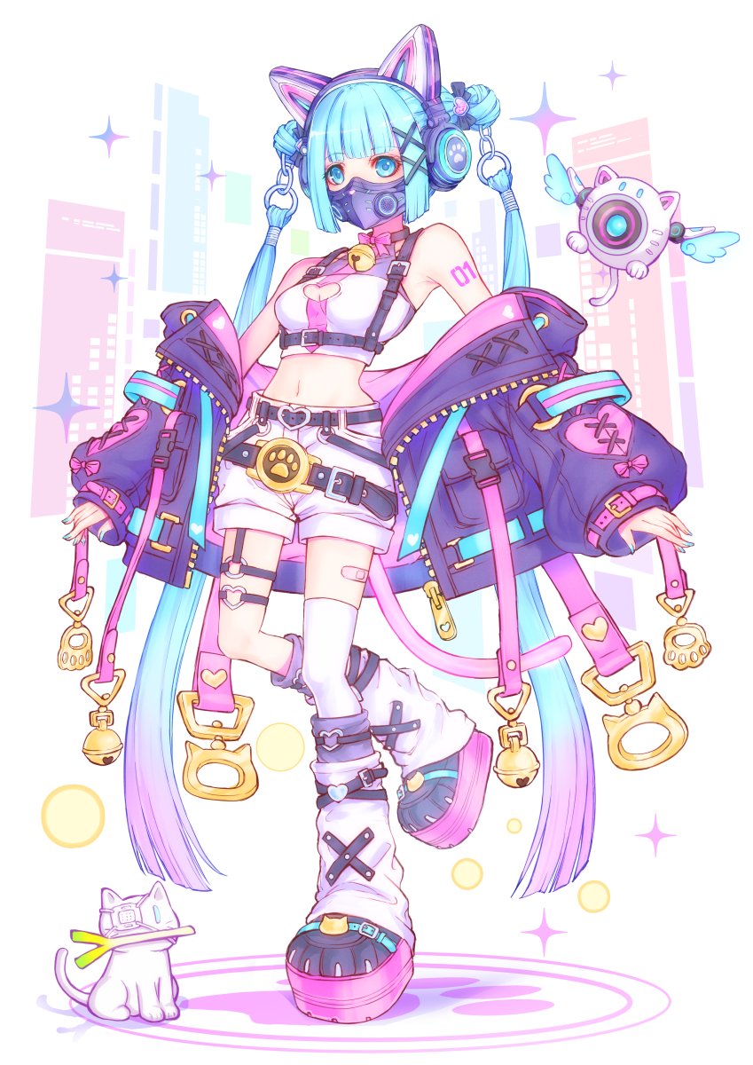 1girl animal_ear_headphones animal_ears aqua_hair bell belt boots cat cat_ear_headphones clothing_cutout commentary_request cute_x_subculture_hatsune_miku_design_contest cyberpunk fake_animal_ears fashion faux_figurine gradient_hair hair_extensions hatsune_miku headphones heart_cutout highres jingle_bell kodue55 leg_warmers long_hair looking_at_viewer mask midriff multicolored_hair paw_print respirator ring_hair_extensions shorts solo standing standing_on_one_leg streetwear vocaloid white_shorts