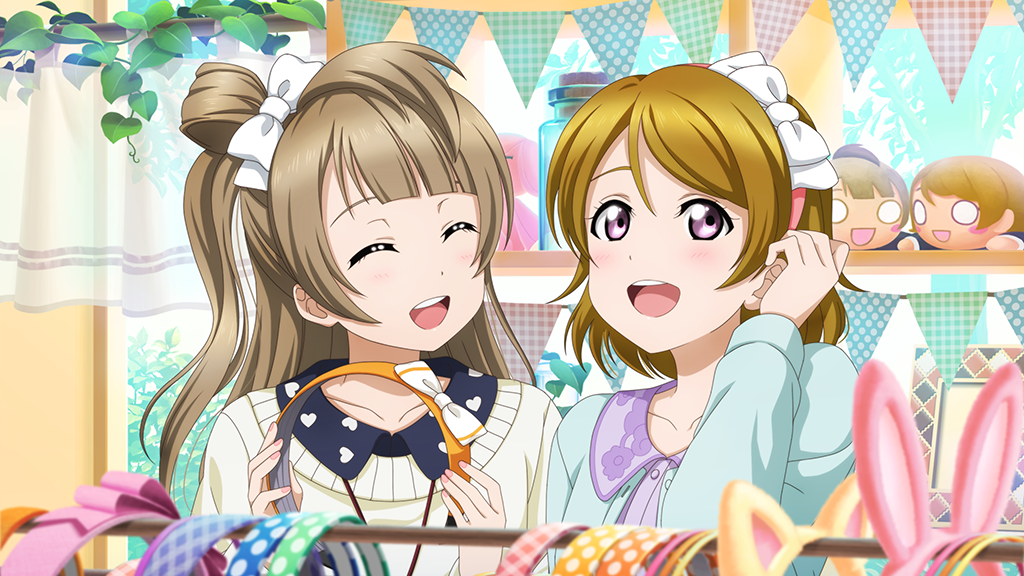 2girls :d ^_^ animal_ear_hairband animal_ears aqua_jacket black_collar blunt_bangs blush bottle bow bow_hairband brown_hair character_doll closed_eyes collar collarbone collared_shirt curtains doll fake_animal_ears fashion garland_(decoration) hair_bow hairband hand_up hands_up heart heart_print holding indoors jacket koizumi_hanayo leaf long_hair long_sleeves looking_at_another looking_to_the_side looking_up love_live! love_live!_school_idol_project minami_kotori multiple_girls nesoberi official_art one_side_up open_mouth orange_hairband pink_hairband pink_nails portrait puchiguru_love_live! purple_eyes purple_shirt rabbit_ear_hairband rabbit_ears shirt shopping short_hair smile sweater teeth upper_teeth_only white_bow white_sweater