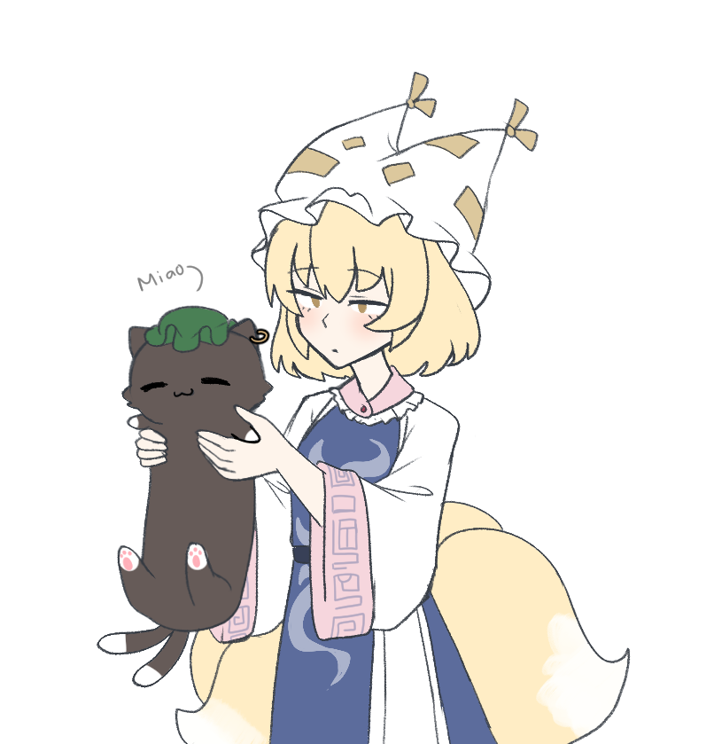 1girl :3 animal animal_ear_piercing animal_hat blonde_hair blue_tabard cat chen chen_(cat) closed_eyes closed_mouth commentary earrings english_commentary english_text fox_tail green_hat hat holding holding_animal holding_cat hoop_earrings jewelry kitsune long_sleeves mixed-language_commentary mob_cap multiple_tails no_noru simple_background single_earring smile solo tabard tail touhou two_tails white_background wide_sleeves yakumo_ran yellow_eyes