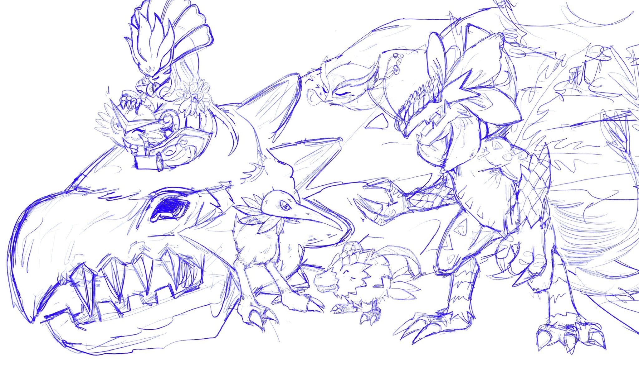 ceresmon ceresmon_medium claws digimon digimon_(creature) evolutionary_line highres kiwimon mask pinamon pomumon puwamon sharp_teeth sketch teeth toropiamon