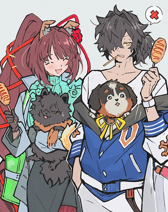 1boy 1girl animal_ears beard_stubble black_gloves black_hair blue_jacket brown_hair corn_dog dog dog_ears facial_hair fate/grand_order fate_(series) gloves grey_background hair_over_one_eye honi_(ohohoni) jacket kyokutei_bakin_(dream_portrait)_(fate) kyokutei_bakin_(fate) long_hair okada_izou_(dog)_(fate) okada_izou_(fate) ponytail stubble