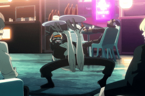 1boy animated animated_gif beard bottle cyberpunk_(series) cyberpunk_edgerunners facial_hair long_arms lowres mohawk pilar_(cyberpunk) screencap visor