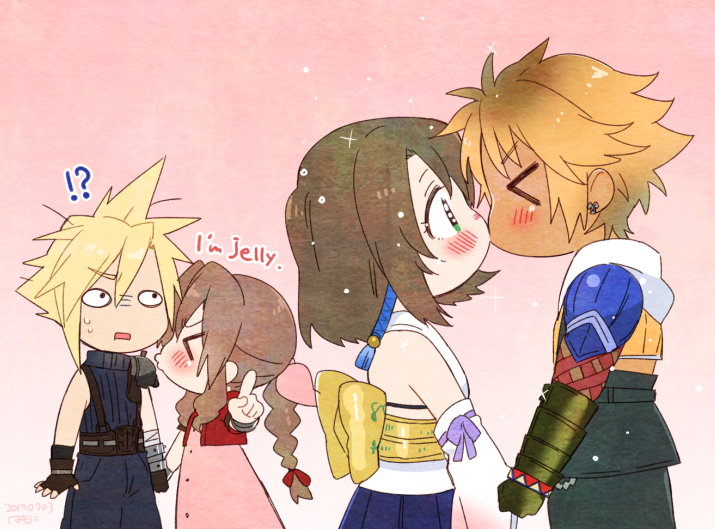 !? &gt;_&lt; 2boys 2girls aerith_gainsborough armor back_bow bangle bare_shoulders belt blonde_hair blue_pants blue_shirt blue_skirt blush bow bracelet braid braided_ponytail brown_hair cloud_strife couple cropped_jacket detached_sleeves dress earrings english_text final_fantasy final_fantasy_vii final_fantasy_x fingerless_gloves gloves green_eyes hair_between_eyes hair_ornament hair_ribbon holding_hands hood hooded_jacket jacket japanese_clothes jealous jewelry kiss krudears long_hair multiple_boys multiple_girls open_mouth pants parted_bangs pink_background pink_dress pink_ribbon pleated_skirt pointing pouty_lips red_jacket ribbon shirt short_hair shoulder_armor sidelocks single_earring skirt sleeveless sleeveless_turtleneck sparkle spiked_hair square_enix suspenders sweatdrop tidus turtleneck white_shirt yuna