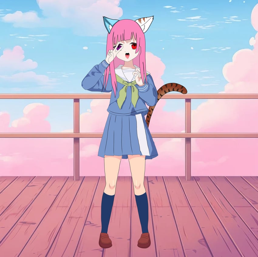akemithekitten cosplay hand_on_own_face miyu_(blue_archive)_(cosplay) nekomata outstretched_arms peace_symbol standing waiting