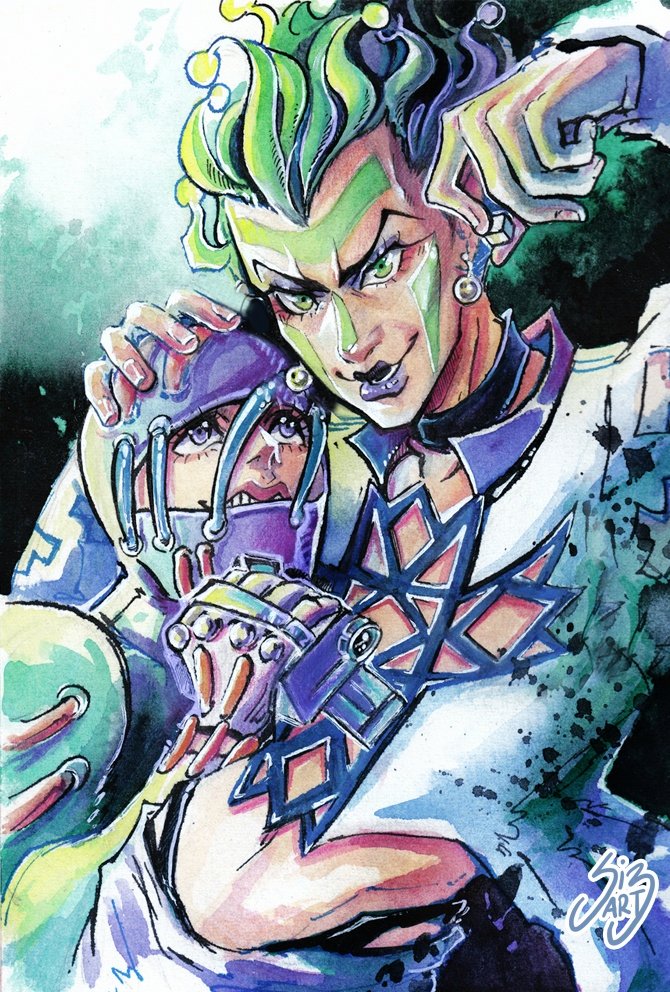 2boys black_choker bodysuit camera choker cioccolata commentary cross_ornament earrings english_commentary facepaint facial_mark green_eyes green_hair hand_on_another&#039;s_head holding holding_camera jewelry jojo_no_kimyou_na_bouken makeup midriff multicolored_hair multiple_boys oasis_(stand) painting_(medium) purple_eyes purple_lips secco si3art signature smile stand_(jojo) traditional_media vento_aureo video_camera watercolor_(medium)